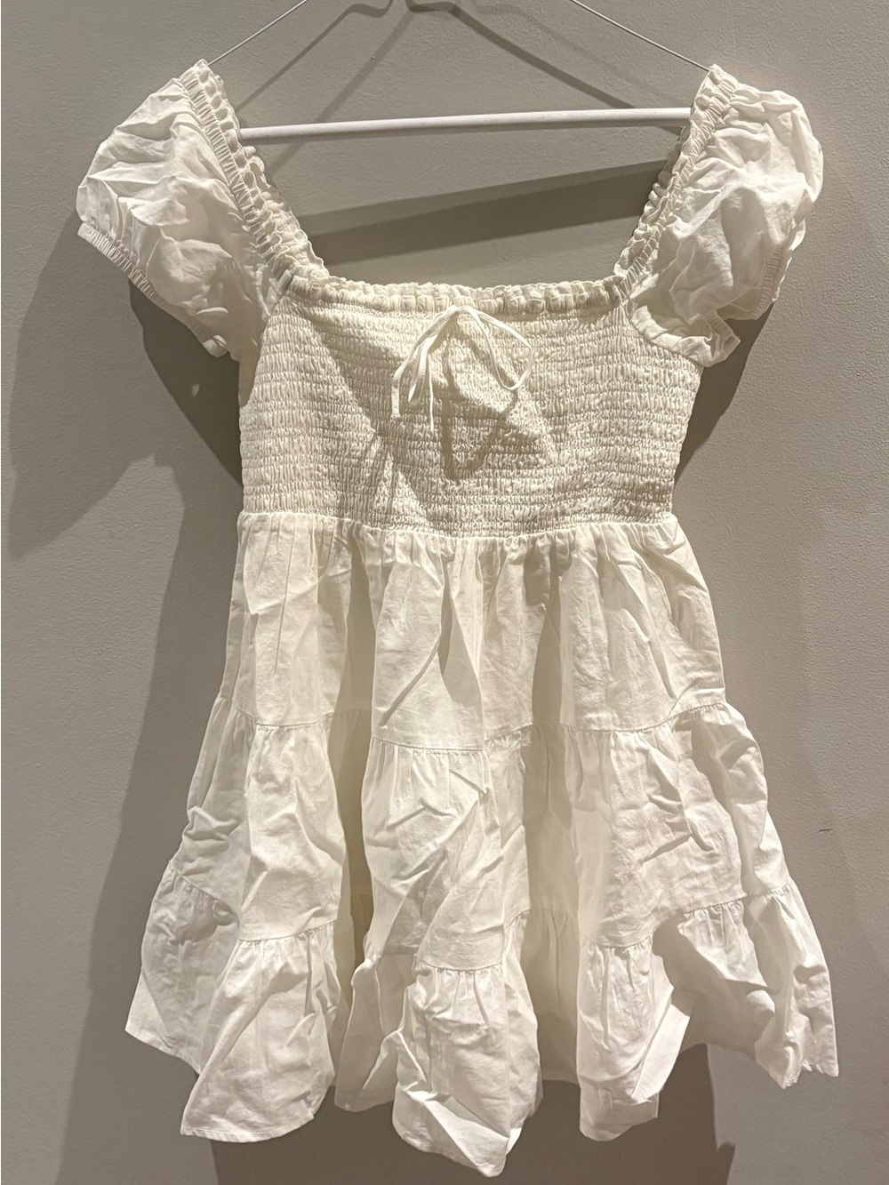 Garage Smocked Puff Sleeve White Mini Dress